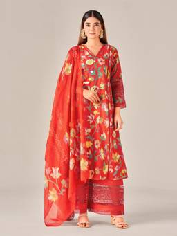 IOLY - Red Camric Kani Kurta With Palazzo And Dupatta For Women