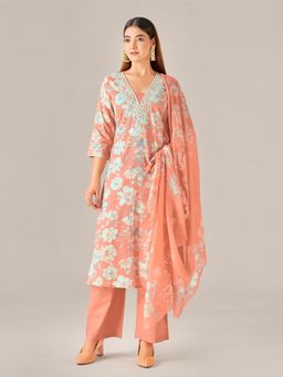 IOLY - Orange Camric Printed Kurta With Pant And Dupatta For Women