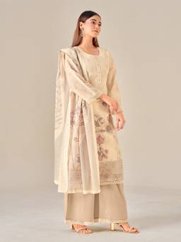 IOLY - Beige Linen Printed Kurta With Palazzo And Dupatta For Women