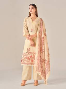 IOLY - Beige Linen Printed Kurta With Pant And Dupatta For Women