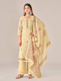 IOLY - Cream Linen Printed Kurta With Pant And Dupatta For Women
