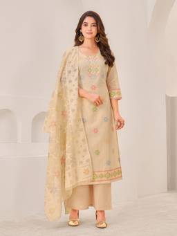 IOLY - Beige Linen Printed Kurta With Pant And Dupatta For Women