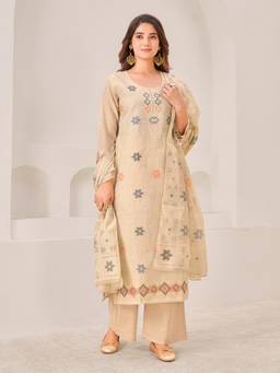 IOLY - Beige Linen Printed Kurta With Pant And Dupatta For Women
