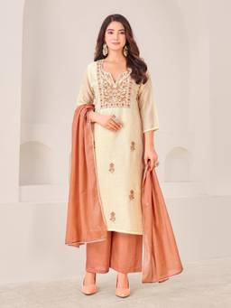 IOLY - Women Cream Embroidery Kota Kurta With Palazzo And Dupatta