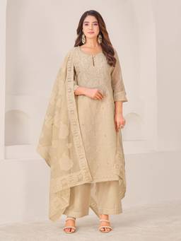 IOLY - Women Beige Embroidery Kurta With Pant And Dupatta