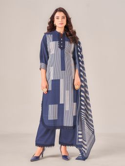 IOLY - Navy Blue Printed Lace Work Kurta With Pant And Dupatta