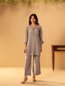 IOLY - Brown Women Chanderi V Neck With Embroidery Co-Ord Set