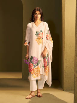 IOLY - Cream Women Kurta With Pant And Dupatta Pure Linen Printed