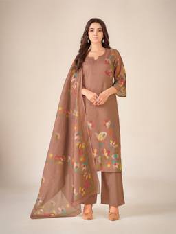 IOLY - Brown Cotton With Hand Work Digital Printed Kurta With Pant And Dupatta