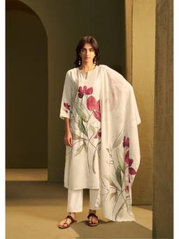 IOLY - Cream Linen With Hand Work Digital Printed Kurta With Pant And Dupatta