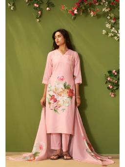 IOLY - Pink Embroidered Linen Kurta With Pant And Dupatta