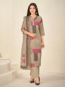 IOLY - Khaki Printed Pure Cotton Kurta With Pant And Dupatta