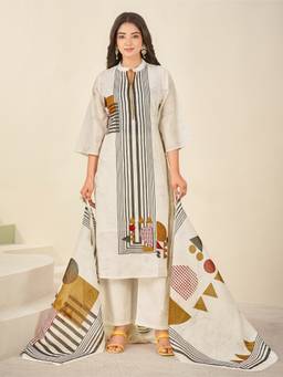 IOLY - Cream Self Design Pure Cotton Kurta With Pant And Dupatta