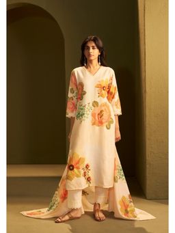 IOLY - Women Pure Linen Yellow Kurta With Pant And Dupatta