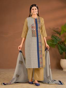 IOLY - Women Pure Cotton Hand Work Khaki Kurta With Pant And Dupatta