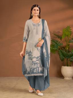 IOLY - Women Digital Printed With Embroidered Grey Kurta With Pant And Dupatta
