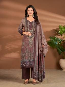 IOLY - Women Pure Muslin Pakistani Brown Kurta With Pant And Dupatta