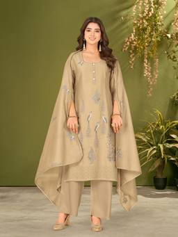 IOLY - Khaki Women Kurta With Pant And Dupatta With Embroidery Work