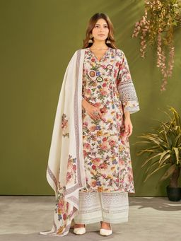 IOLY - Women White Mudline Embroidery Kurta With Pant And Dupatta