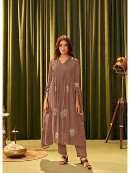 IOLY - Brown Mul Chanderi Foil Work V Neck Kurta With Pant And Dupatta