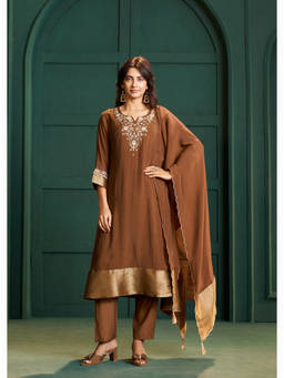 IOLY - Brown Mul Chanderi Jacquard Kurta With Pant And Dupatta