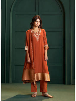 IOLY - Rust Mul Chanderi Jacquard Kurta With Pant And Dupatta