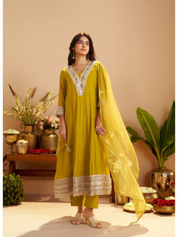 IOLY - Mustard Mul Chanderi Anarkali Kurta With Pant And Dupatta