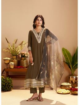 IOLY - Brown Mul Chanderi Anarkali Kurta With Pant And Dupatta