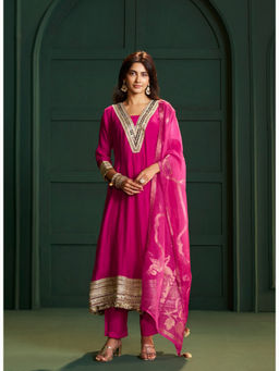 IOLY - Pink Mul Chanderi Anarkali Kurta With Pant And Dupatta