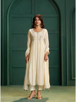 IOLY - Cream Mulchanderi Kurta With Pant And Dupatta And Work