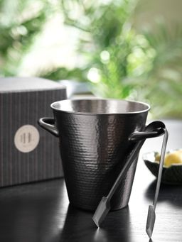 Pure Home + Living - Grey Matt Finish Hammered Metal Ice Bucket with Tong