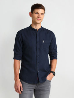 U.S. Polo Assn. Denim Co. - Solid Navy Blue Full Sleeves Mandarin Neck Shirt