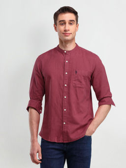 U.S. Polo Assn. Denim Co. - Solid Red Full Sleeves Mandarin Neck Shirt