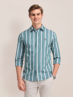 U.S. POLO ASSN. - Stripes Green Full Sleeves Collar Neck Shirt