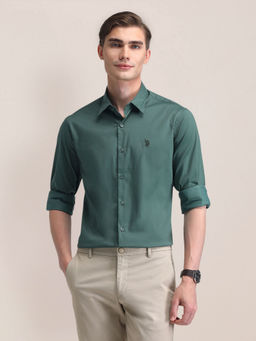 U.S. POLO ASSN. - Solid Green Full Sleeves Collar Neck Shirt