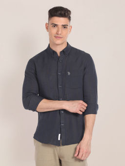 U.S. POLO ASSN. - Solid Blue Full Sleeves Collar Neck Shirt