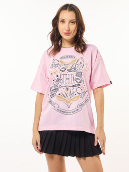 Bewakoof - Heavy Duty 1.0 Harry Potter Women's Pink Hogwarts Graphic Printed Oversized T-shirt