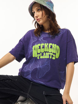 Bewakoof - Air 1.0 Women's Skipper Blue Weekend Plants Graphic Printed Oversized T-shirt