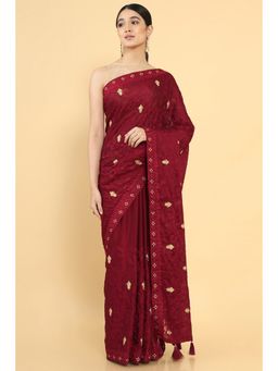 Soch - Women Maroon Silk Embroidered Saree with Unstitched Blouse