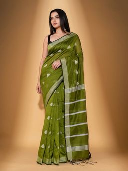 Beatitude - Green Blended Cotton Woven Saree with Unstitched Blouse
