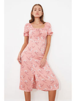 Trendyol - Pink Floral Puff Sleeve Milk Maid Midi Dress