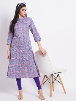 Suti - Mul Cotton Printed A-Line Day Out Pink Kurti Embellished With Button Details
