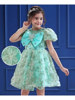 Mark & Mia - Half Sleeves Party Dress With Floral Embroidery and Bow Applique - Sea Green