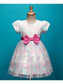 Mark & Mia - Half Sleeves Party Dress with Floral Print and Bow Applique - White