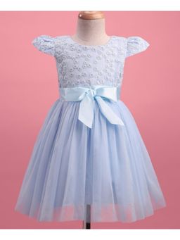Mark & Mia - Cap Sleeves Party Dress Floral Embroidery and Bow Applique - Light Blue