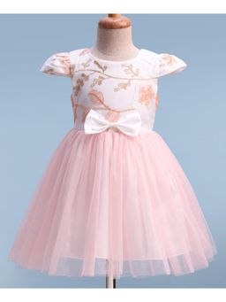 Mark & Mia - Cap Sleeves Party Dress Leaf Embroidery and Bow Applique - Pink