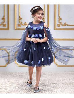 Mark & Mia - Cape Sleeves Party Dress With Floral Applique-Navy Blue