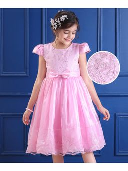 Mark & Mia - Cap Sleeves Party Dress Floral Embroidery and Bow Applique - Pink