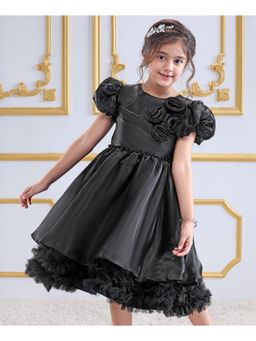 Mark & Mia - Cap Sleeves Party Dress with Floral Pearls and Beads Applique - Black