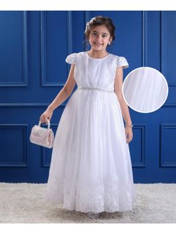 Mark & Mia - Cap Sleeves Party Gown With Floral Embroidery and Sequin - White